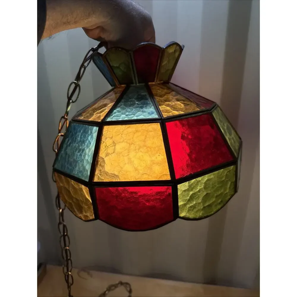 1970s VTG Multi- Color Panel Swag Stained Glass Hanging Swag Ceiling Lamp Shade